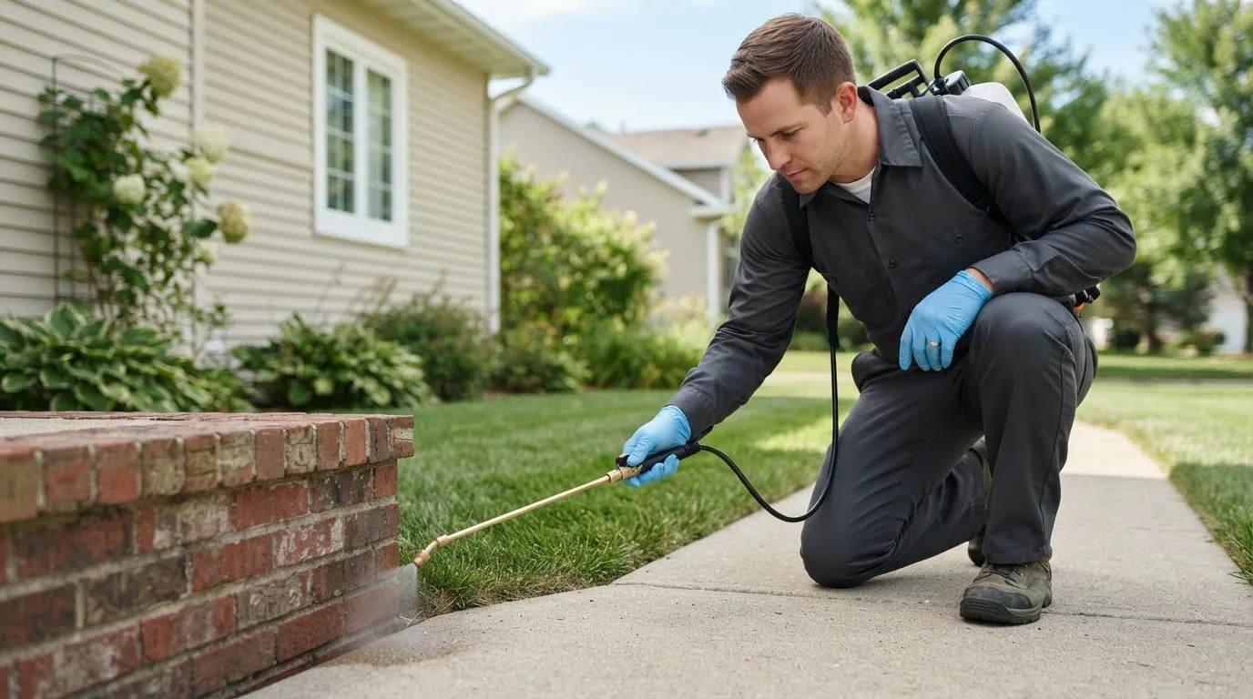 Pest control technician treating a home near Belding, MI