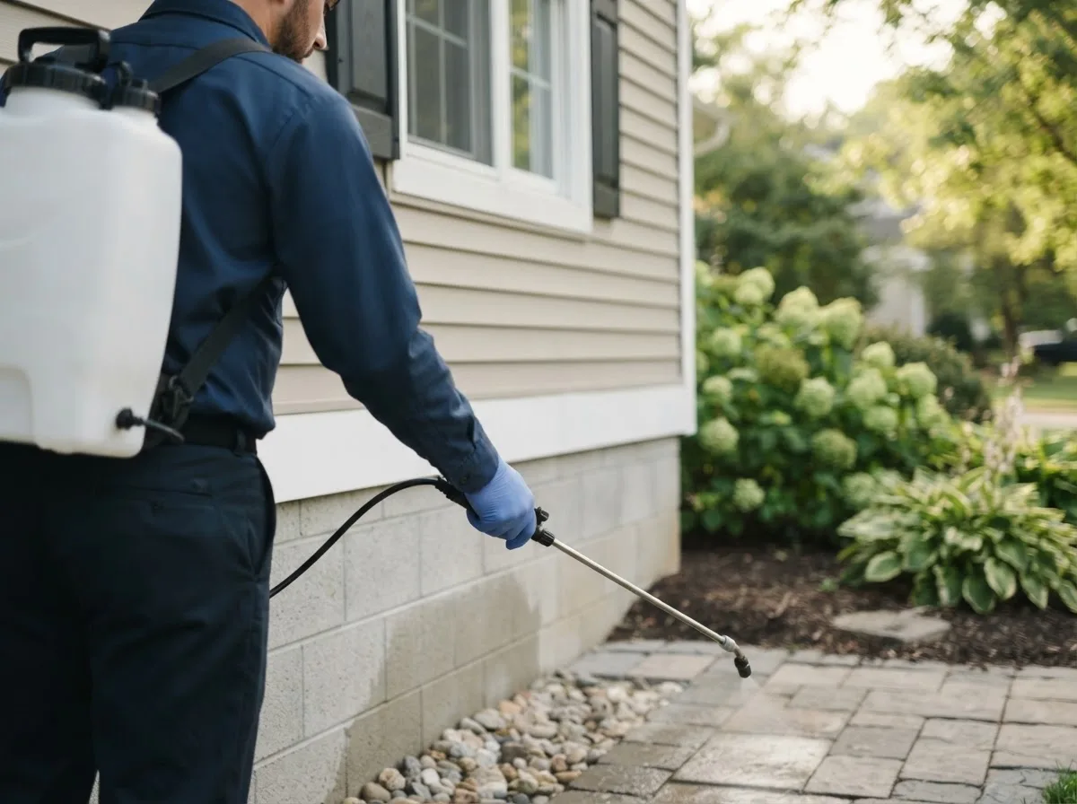 Pest control technician inspecting a home in Belding, MI